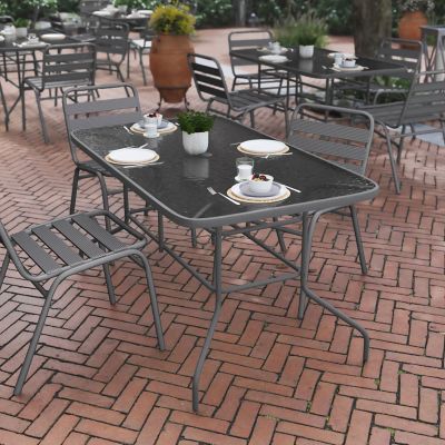 Image showing  Tory 31.5 in. x 55 in. Rectangular Tempered Glass Metal Table with Umbrella Hole
