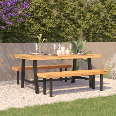 Flash Furniture All Weather Commercial Acacia Wood Top Patio Table with Metal Base