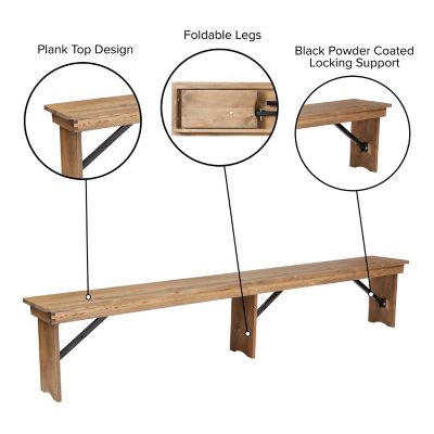 Image showing  HERCULES Series 8 ft. x 12 in. Solid Pine Folding Farm Bench with 3 Legs