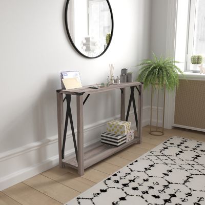 Flash Furniture Wyatt Modern Farmhouse Wooden 2 Tier Console Entry Table with Metal Corner Accents and Cross Bracing