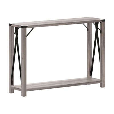 Image showing  Wyatt Modern Farmhouse Wooden 2 Tier Console Entry Table with Metal Corner Accents and Cross Bracing