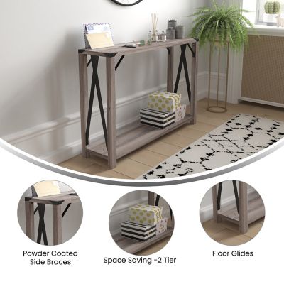Image showing  Wyatt Modern Farmhouse Wooden 2 Tier Console Entry Table with Metal Corner Accents and Cross Bracing