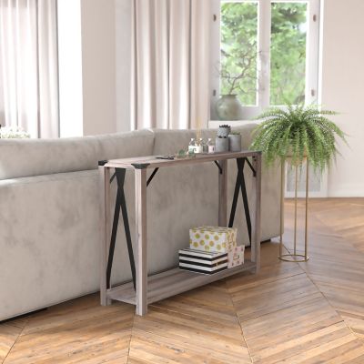 Image showing  Wyatt Modern Farmhouse Wooden 2 Tier Console Entry Table with Metal Corner Accents and Cross Bracing
