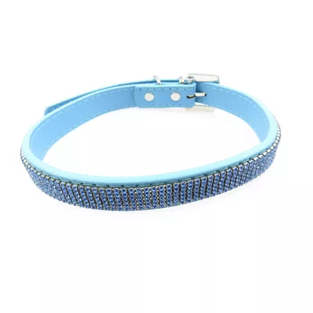 Buddy G's 6 Row Crystal Rhinestone Leather Dog Collar Blue Dog Basic Collars