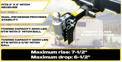 Image showing  2 in. Receiver Adjustable Dual Ball Mount with 2 in. and 2-5/16 in. Ball, 6.5 in. Drop, 12,000 lb. Capacity