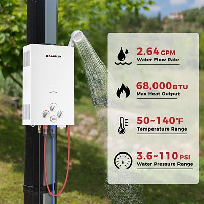 Image showing  2.64 GPM 68,000 BTU Outdoor Portable Propane Tankless Water Heater with 12V Water Pump Kit, White
