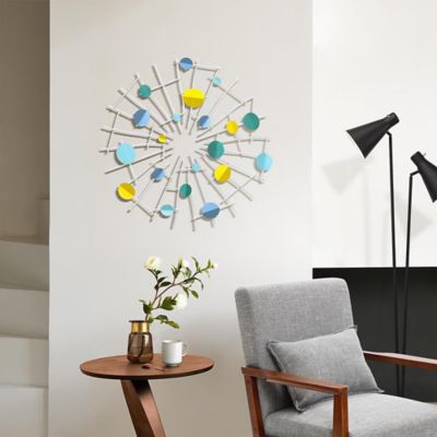 Image showing 3 th LuxenHome Multi-Color Discs & White Web Metal Abstract Wall Decor