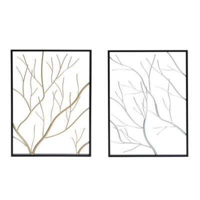 LuxenHome Set of 2 Gold & Silver Tree Branches Wall Decor Panels