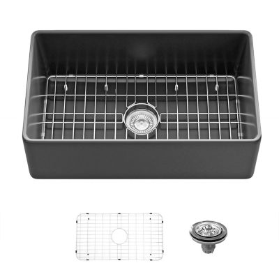 Sinber 30 in. Farmhouse Apron Single Bowl Kitchen Sink with Fireclay Black Finish, 2 Accessories