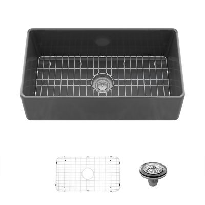 Sinber 33 in. Farmhouse Apron Single Bowl Kitchen Sink with Fireclay Black Finish, 2 Accessories