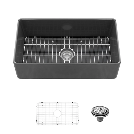 Sinber 33 in. Farmhouse Apron Single Bowl Kitchen Sink with Fireclay Black Finish 2 Accessories F3318S-B-OLR