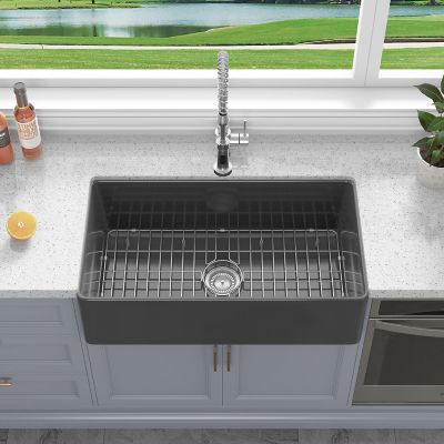 Image showing  33 in. Farmhouse Apron Single Bowl Kitchen Sink with Fireclay Black Finish, 2 Accessories