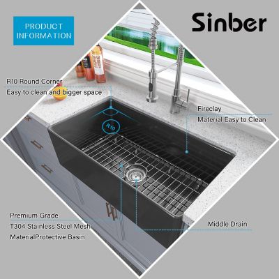 Image showing  33 in. Farmhouse Apron Single Bowl Kitchen Sink with Fireclay Black Finish, 2 Accessories