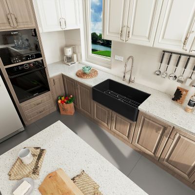 Image showing  33 in. Farmhouse Apron Single Bowl Kitchen Sink with Fireclay Black Finish, 2 Accessories