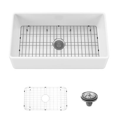 Sinber 36 in. Farmhouse Apron Single Bowl Kitchen Sink with Fireclay White Finish 2 Accessories F3620S-OLR