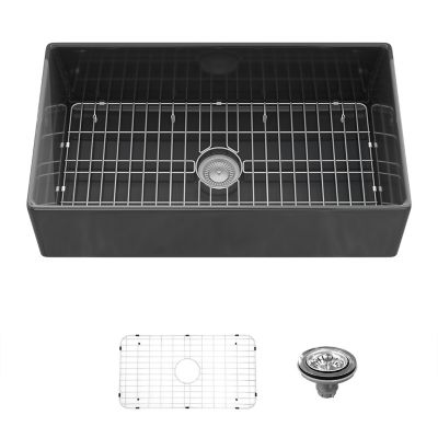 Sinber 36 in. Farmhouse Apron Single Bowl Kitchen Sink with Fireclay Black Finish 2 Accessories F3620S-B-OLR