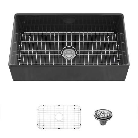 Sinber 36 in. Farmhouse Apron Single Bowl Kitchen Sink with Fireclay Black Finish 2 Accessories F3620S-B-OLR