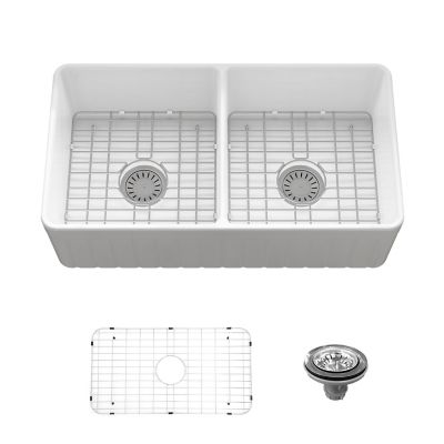 Sinber 33 in. Farmhouse Apron Double Bowl Kitchen Sink with Fireclay White Finish 2 Accessories F3318D-OLR
