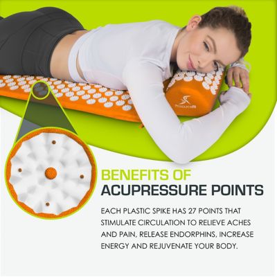 Image showing  Acupressure Mat and Pillow Set for Back/Neck Pain Relief and Muscle Relaxation, Orange