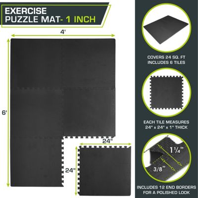 Image showing  Extra Thick Exercise Puzzle Mat, EVA Foam Interlocking Anti-Fatiguem, 24 in. x 24 in. x 1 in., Black, 6-Pack
