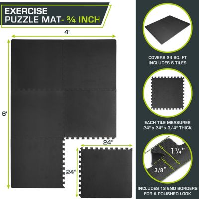 Image showing  Thick Exercise Puzzle Mat, EVA Foam Interlocking Anti-Fatigue, 24 in. x 24 in. x 0.75 in., Black, 6-Pack