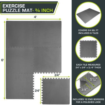 Image showing  Thick Exercise Puzzle Mat, EVA Foam Interlocking Anti-Fatigue, 24 in. x 24 in. x 0.75 in., 24 sq. ft., Grey, 6-Pack