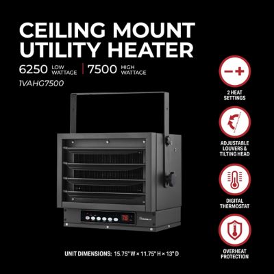 Image showing  Electric Ceiling Mount Heater, 1,500 sq. ft., 7,108 BTU, 6,250W/7,500W, 240V