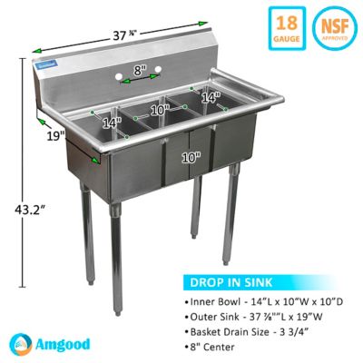Image showing  37 in. 3 Compartment Sink No Faucet