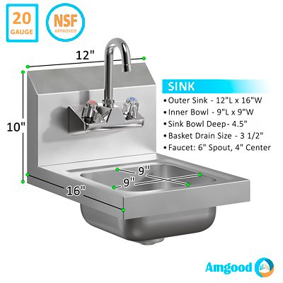 Image showing  12 in. x 16 in. Stainless Steel Hand Sink
