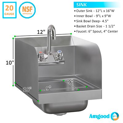 Image showing  12 in. x 16 in. Hand Sink with Side Splash
