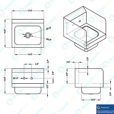 Image showing 7 th AmGood 17 in. x 15 in. Hand Sink with Side Splash