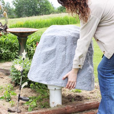 Image showing  21.5 in. Outdoor Lightweight Polyresin Landscape Rock Septic Cover with Stakes, Gray