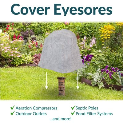 Image showing  21.5 in. Outdoor Lightweight Polyresin Landscape Rock Septic Cover with Stakes, Gray