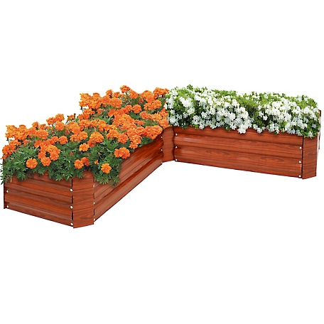 Sunnydaze Decor Outdoor Galvanized Steel L-Shaped Raised Garden Bed for Plants, Vegetables, & Flowers, Wood Grain