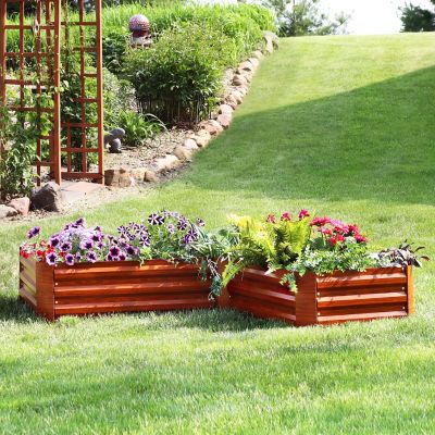 Image showing 1 th Sunnydaze Decor Outdoor Galvanized Steel Raised Garden Bed for Plants, Vegetables and Flowers, 59.5 in., L-Shaped, Woodgrain