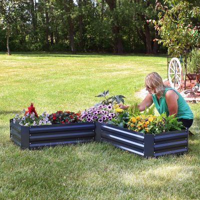 Image showing  Outdoor Galvanized Steel Raised Garden Bed for Plants, Vegetables and Flowers, 59.5 in., L-Shaped, Dark Gray