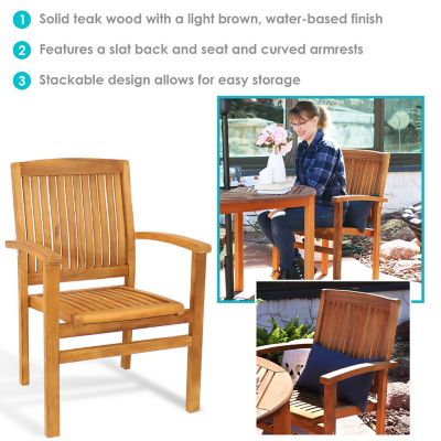 Image showing  Outdoor Solid Teak Wood Slat-Back Patio Dining Armchair - Light Brown Finish