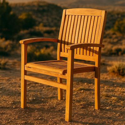Image showing 9 th Sunnydaze Decor Outdoor Solid Teak Wood Slat-Back Patio Dining Armchair - Light Brown Finish