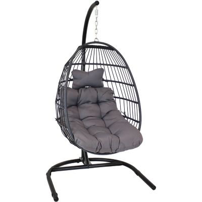Sunnydaze Decor Resin Wicker Patio Julia Hanging Basket Egg Chair Swing with Cushions, Headrest, and Steel Stand Set