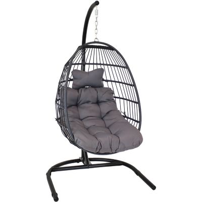 Sunnydaze Decor Julia Resin Wicker Patio Hanging Basket Egg Chair Swing with Cushions and Stand, 330 lb. Capacity, Gray