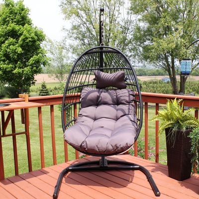 Image showing  Julia Resin Wicker Patio Hanging Basket Egg Chair Swing with Cushions and Stand, 330 lb. Capacity, Gray