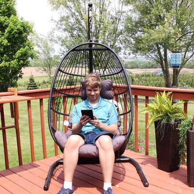 Image showing  Julia Resin Wicker Patio Hanging Basket Egg Chair Swing with Cushions and Stand, 330 lb. Capacity, Gray