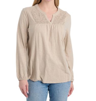 Como Re-Vintage Women's Slub Knit Long-Sleeve Smocked Henley Shirt