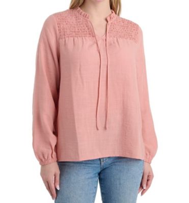 Como Vintage Women's Smocked Textured Woven Long-Sleeve Peasant Top