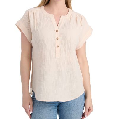 Como Vintage Women's Woven Gauze Short-Sleeve Henley Popover Shirt