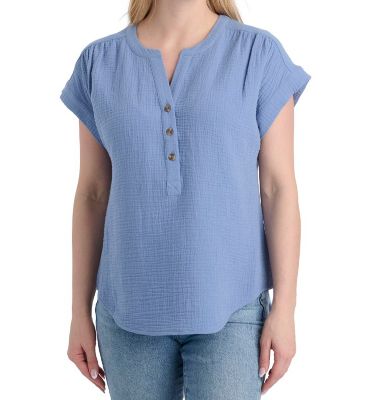 Como Vintage Women's Woven Gauze Short-Sleeve Henley Popover Shirt