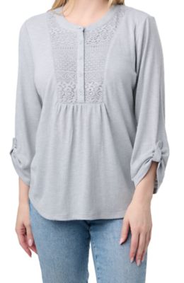 Como Vintage Women's Textured Knit Gauze 3/4-Sleeve Henley Shirt with Crochet Bib Detailing