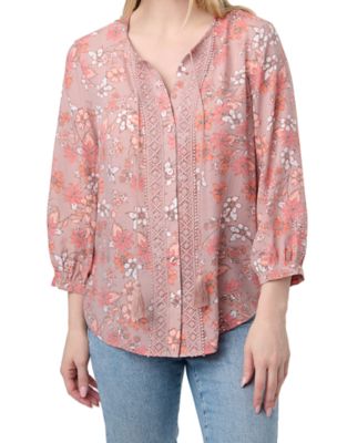 Image showing  Women's Button-Front Woven Long-Sleeve Peasant Top with Crochet Detailing