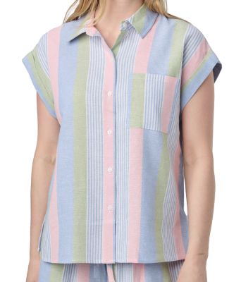 Como Vintage Women's Linen Blend Multi Stripe Short Sleeve One Pocket Camp Shirt