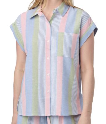 Como Vintage Women's Hi-Vis Linen Blend Multi Stripe 1-Pocket Camp Short-Sleeve Button-Down Shirt